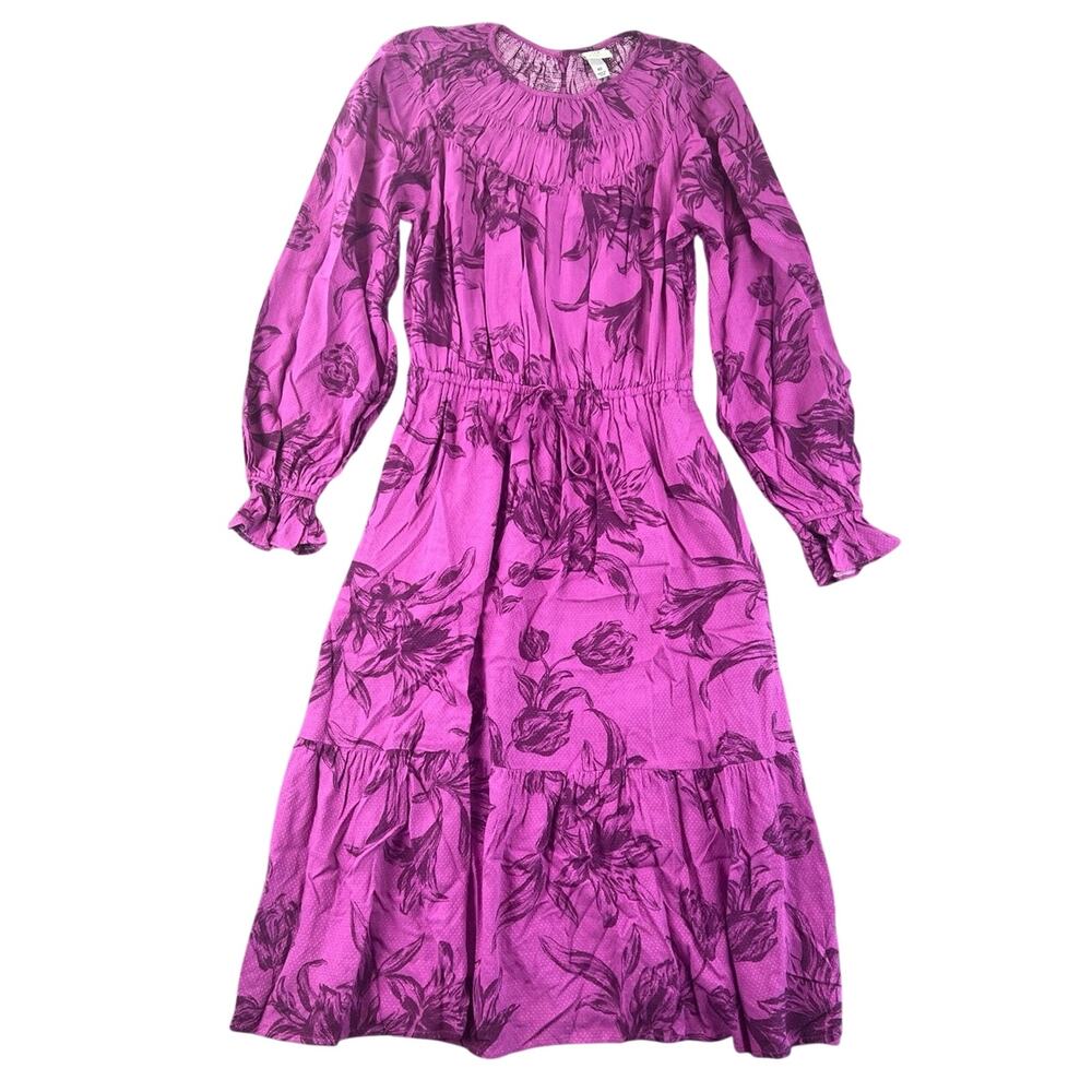NWT A New Day Floral Midi Dress Magenta Long Sleeve Boho Cottagecore - XS